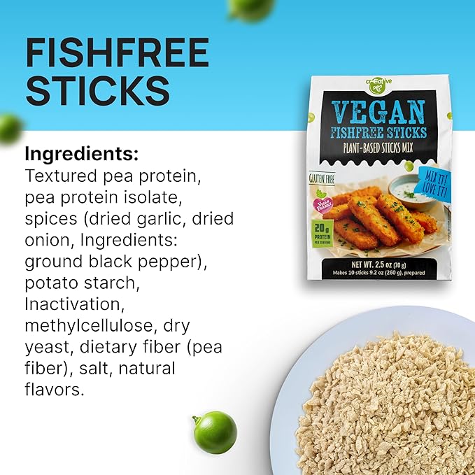 Creative Pea Vegan Fish Mix – Just Add Water & Oil, 4 Pack (65g Each), 4 Packs Make ~1 kg Prepared Food, Plant-Based, Gluten-Free