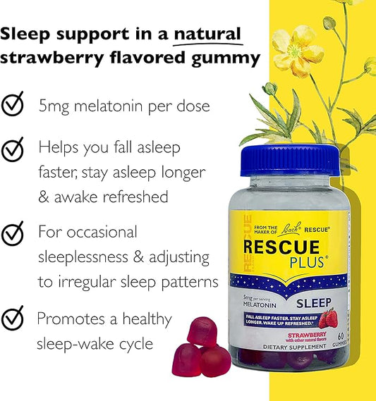 Bach RESCUE PLUS Melatonin Sleep Gummies, Natural Strawberry Flavor, Sleep Aid, Dietary Supplement, Vegan, Gluten-Free, No Artificial Flavors, Colors or Sweeteners, 3 Pack, 180 Count Total
