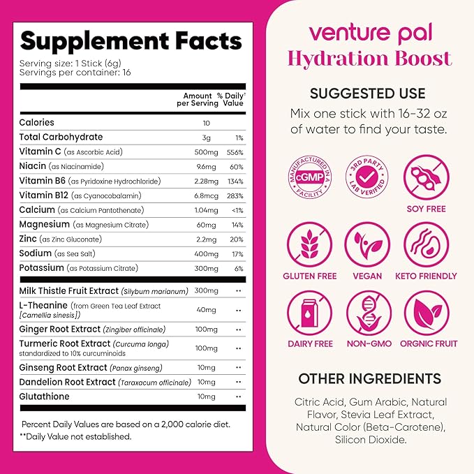Venture Pal Hydration Packets + Liver Support- Liquid Daily IV Electrolyte Powder Packets with 7 Electrolytes & 5 Vitamins, Milk Thistle + L-Theanine | Sugar-Free | Keto Friendly | Vegan, 16 Sticks