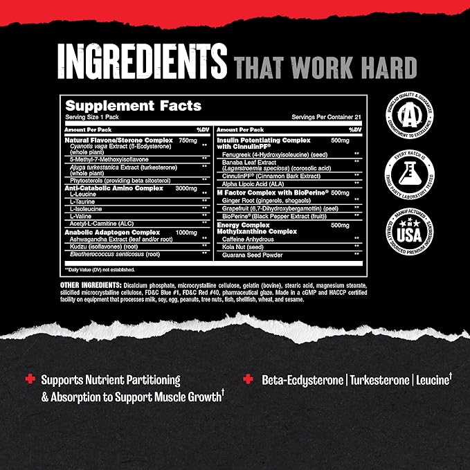 Animal M-Stak - Muscle Builder and Anabolic Mass Gainer Supplement for Bodybuilding - Lean Muscle Growth, Amino Complex and Pre Workout Energy, 21 Packs