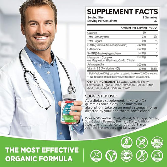GABA Gummies, Sugar-Free Stress Relief Gummies for Adults, High-Potency GABA L-theanine Supplement with Magnesium, Ashwagandha, 5-HTP & Vitamin B6 for Zzz & Brain Health, Vegan, 60