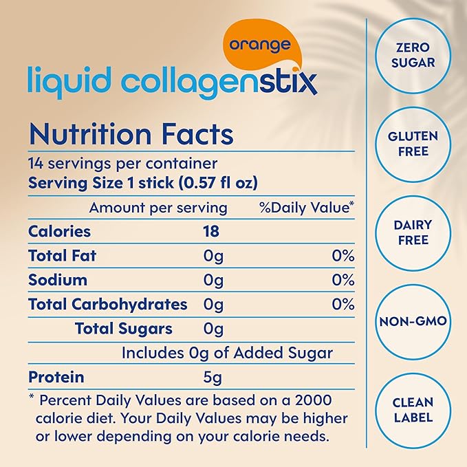 Hydrolyzed Liquid Collagen Peptides for Women & Men - Grass-Fed Bovine Protein Supplement for Hair Growth, Skin and Nails (Pack of 14, Orange)