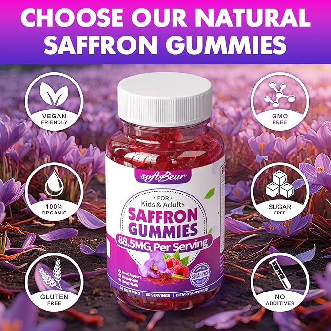 softbear Saffron Gummies for Kids & Adults, 10-in-1 Organic Saffron Supplements with 88.5mg Saffron Extract Support Calm Mind & Focus & Zzz, Sugar Free/Non-GMO, Raspberry Flavor 60 Count