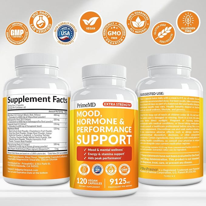 PrimeMD 19-in-1 Extra Strength Peruvian Maca Root Capsules - 9125 mg Ashwagandha Supplements with Fenugreek and Ginseng for Mood, Hormone and Performance Support (120 ct) (2-Pack)