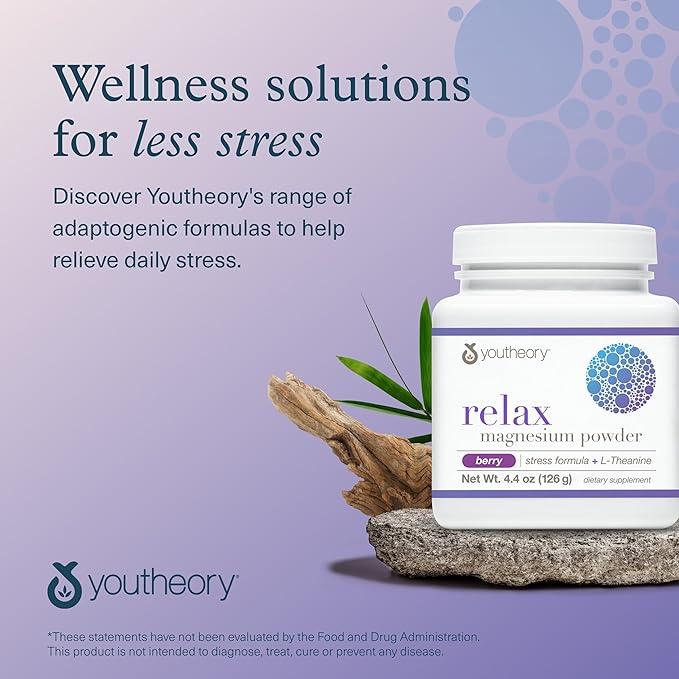Youtheory Relax Magnesium Powder - Vegan Stress Relief Supplement with L-Theanine & GABA* - Supports Relaxation* - Dairy, Soy & Gluten Free - Berry, 4.4 oz