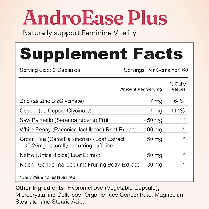 Nourished AndroEase Plus - Vegan Hormone Balance for Women - Zinc, Reishi, Green Tea and Saw Palmetto for Women - for Energy, Vitality, Facial Hair and Daily Wellness - 60 Capsules, Made in USA