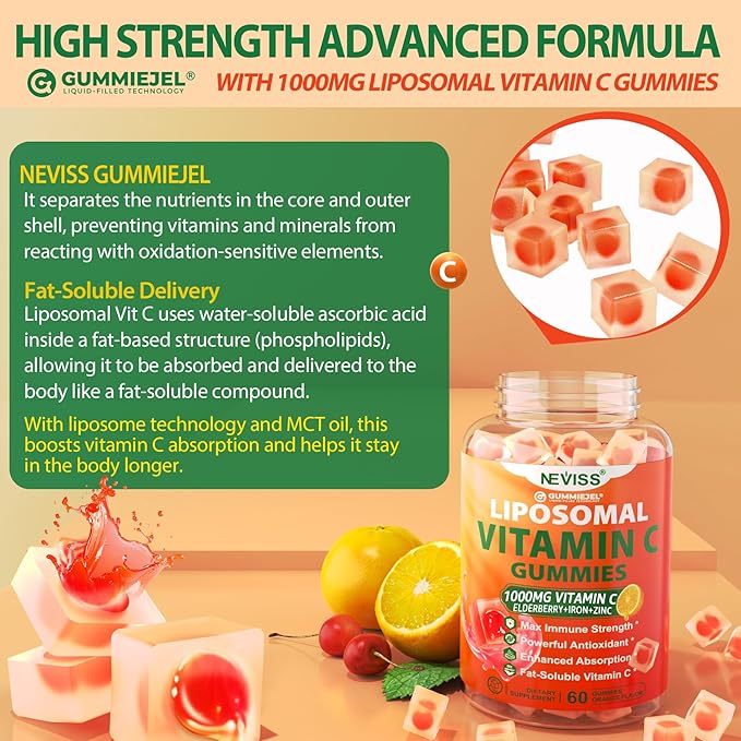 Liposomal Vitamin C 1000mg Gummies for Adults - Vitamin C Chewable with Elderberry, Zinc & 8mg Iron, Sugar Free Vit C Supplements, Daily Immune Support Gummies for Energy, Collagen Booster, 120 Counts