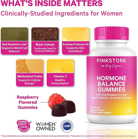 Pink Stork Hormone Balance Gummies for Women – PMS, Menopause & Estrogen Support – Mood, Bloating, Hot Flashes & Energy – Red Raspberry Leaf, Black Cohosh, Primrose – 60 Vegan Gummies