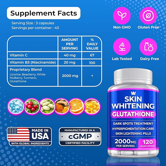 Glutathione Whitening Pills - 120 Capsules 2000mg Glutathione - Effective Skin Lightening Supplement - Dark Spots, Melasma & Acne Scar Remover, Hyperpigmentation Treatment - Anti-Aging Antioxidant