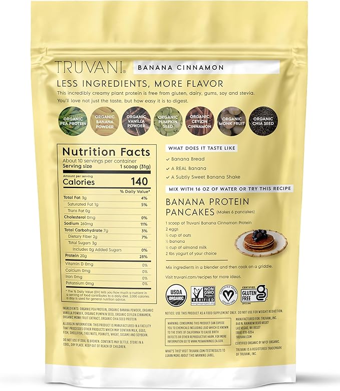 Truvani Vegan Pea Protein Powder | Banana Cinnamon | 20g Organic Plant Based Protein | 10 Servings | Keto | Gluten & Dairy Free | Low Carb | No Added Sugar