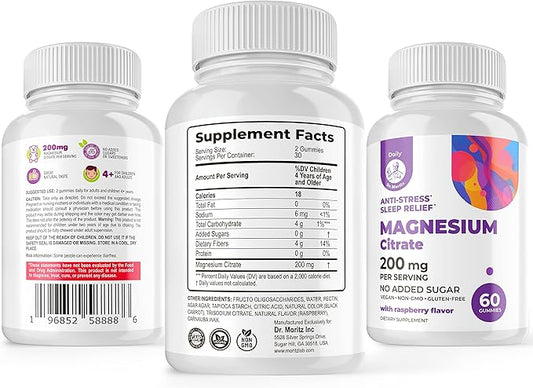 DR. MORITZ Magnesium Citrate Gummies for Adults - Sugar-Free Calm Magnesium Gummies - Supports a Healthy Stress Response - Raspberry Flavor - Non-GMO, 200 mg (60 Count)