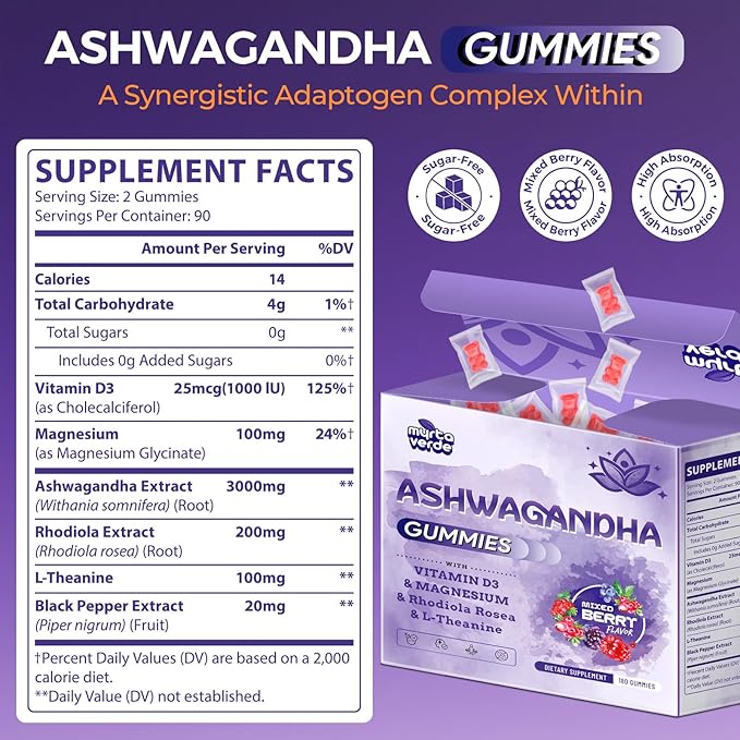 3000mg Ashwagandha Gummies for Women & Men, 180 Count | Extra Strength Ashwagandha Supplement for Stress, Relaxation & Immune Support | Magnesium, Rhodiola, L-Theanine, D3 | Sugar Free Mixed Berry