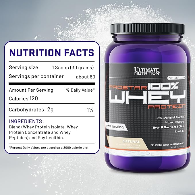 Ultimate Nutrition Prostar Whey Protein Powder Isolate, Natural - Low Carb, High Protein Powder Shake for Muscle Gain & Recovery - Low Sodium, Low-Fat & Keto Friendly - 2 lbs Tub