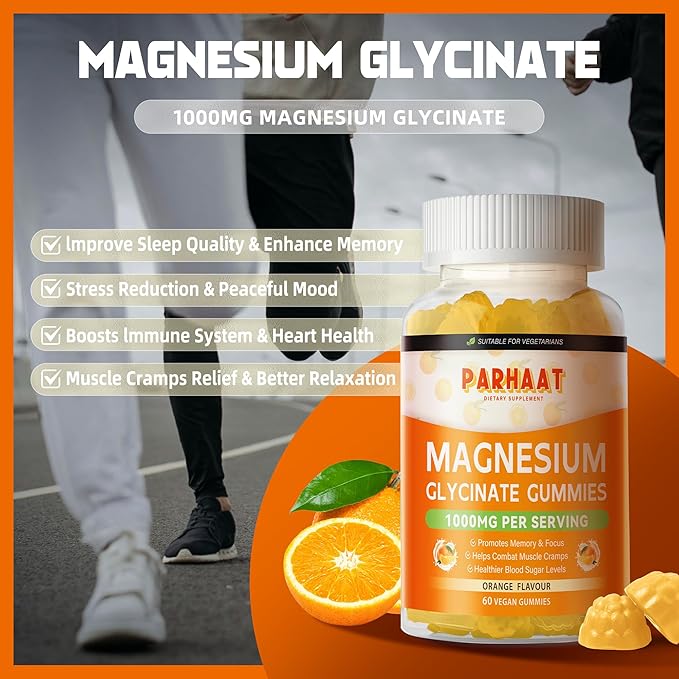 Magnesium Glycinate Gummies 1000mg - Sugar Free Magnesium Potassium Supplement with Vitamin D, B6, CoQ10 for Calm Mood & Sleep Support - 60 Orange Gummies