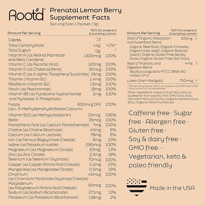 Root'd Prenatal Multivitamin Powder - 25 Vitamins & Minerals with 3x Electrolytes, Folate, Iron, D3 for Mom & Baby, 7 Superfood & Probiotics, Sugar-Free Vitamins & Hydration | 30 Vitamin Drink Packets