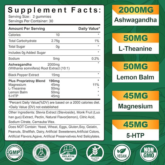 NEVISS Ashwagandha Gummies 2000mg, Feel Refreshed, Plus Proprietary Blend with L-Theanine, 5-HTP, Lemon Balm, Magnesium for Calm, Zzzs & Relaxation Support, 120 Count