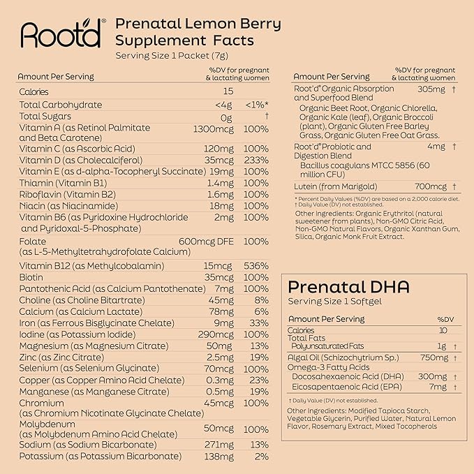 Root'd Prenatal DHA + Multivitamin Powder for Pregnancy Support, Fetal Development, Hydration & Immune Boost - Vegan, Non-GMO, Sugar Free - for Mom