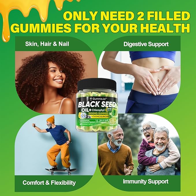 Black Seed Oil Gummies & Chlorophyll, Biotin 500mcg with Hydrolyzed Collagen, Raw Manuka Honey, Organic Cold Pressed - Ultimate Absorption for Skin, Hair & Nails, Digestive, Overall Health,2 Pack