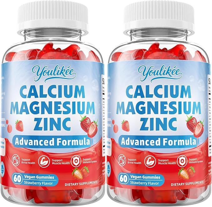 2 Pack Calcium Magnesium Zinc Gummies for Adult, Calcium Citrate with Vitamin D3, High Absorption Calcium Magnesium Supplement for Women & Men, Sugar-Free, Strawberry Flavor, 120 Count