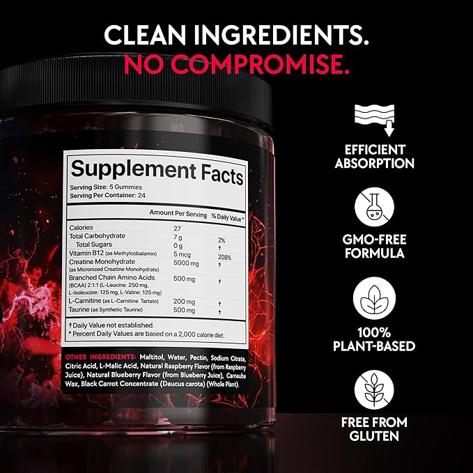 Creatine Monohydrate Gummies Complex 5000 MG for Men & Women, Preworkout Gummy with BCAA, L-Carnitine, Taurine & Vitamin B12 for Muscle Growth, Strength & Energy Support , Flavored and Chewable