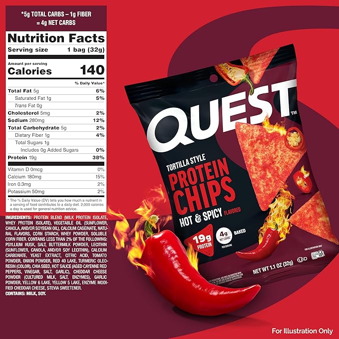 Quest Nutrition Tortilla Style Protein Chips, Hot & Spicy, 19g of Protein, 4g Net Carbs, High Protein, Gluten Free, 1.1 Ounce (Pack of 12)