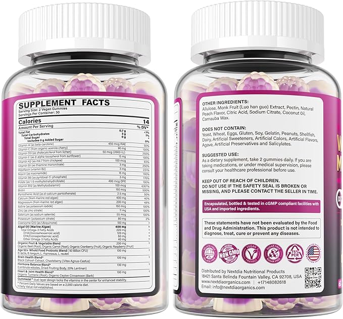 Multivitamin for Women 50 Plus Gummies, Vegan Omega 3, Methylfolate, Calcium, D3 K2, CoQ10, Daily Vitamin A C E, Methylated B12, Biotin, B Complex, Zinc - Bone, Energy, Longevity - Sugar Free, 60Count