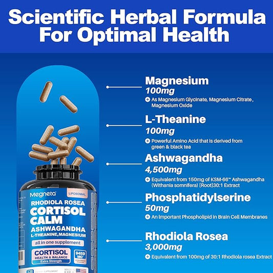Cortisol Balance & Sleep Support for Women & Men – Natural Calm Formula with Magnesium, Ashwagandha & L-Theanine – Supports Restful Sleep, Relaxation, Focus & Healthy Cortisol Levels – 120 Capsules