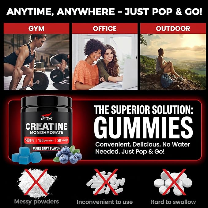 Creatine Monohydrate Gummies 5000mg for Women & Men, NSF Certified, Sugar Free, Vegan, 120 Count, Pre Workout Muscle Strength & Recovery Supplement