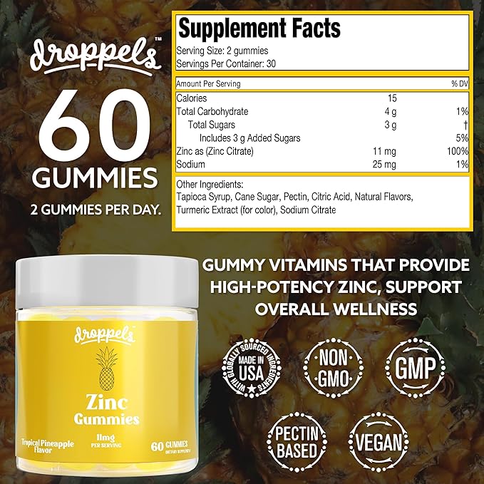 Droppels Zinc Citrate Gummies 11mg – Immune Support & Skin Health Supplement | Vegan, Plant-Based, Gluten Free, Gelatin Free, Non-GMO | Tropical Pineapple Chewable Zinc for Adults, 60 Count