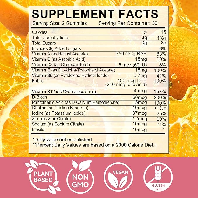 PCOS Inositol Gummies for Ovarian & Hormonal Balance, 60 Count PCOS Gummies with Myo-Inositol, Folate & Zinc Helps Menstrual Cycle, Orange Flavor Ovulation Gummy for Wellness Ovulation & Fertility