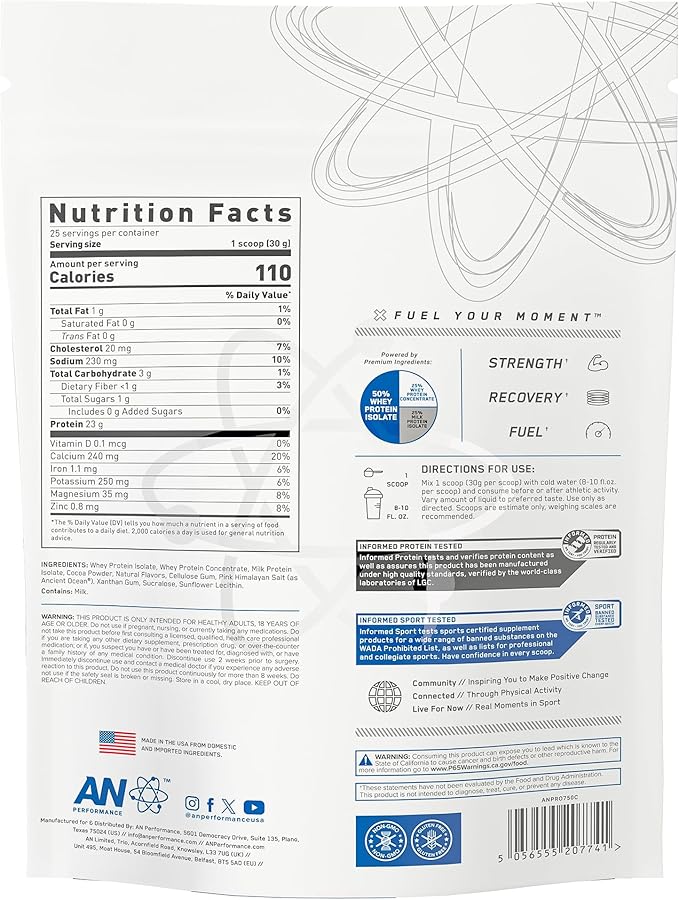 an Performance Whey Protein Hybrid Powder | Whey & Milk Isolate | 23g Protein, 1g Sugar | Gluten-Free, Low Carb, Low Fat | Workout Supplement for Men & Women | Vanilla | 25 Servings