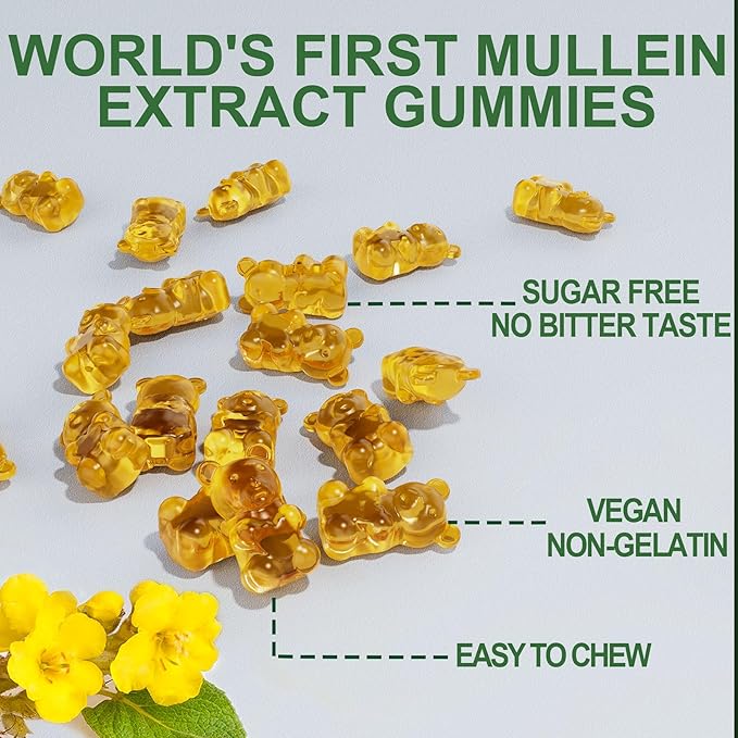 NEVISS Mullein Gummies for Lungs, Organic Mullein Leaf Extract 1000mg for Respiratory System with Quercetin & Bromelain, D3 for Digestive Support, Immune Booster, Sugar Free, Vegan, 60 Count