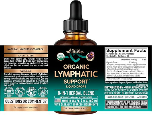USDA Organic Lymphatic Drainage Supplement - Echinacea | Elderberry | Dandelion | Rosehip | Cleavers | Calendula | Burdock - Made in USA - Lymph System Drops - Immune Support, Cleanse & Detox, 2 fl oz