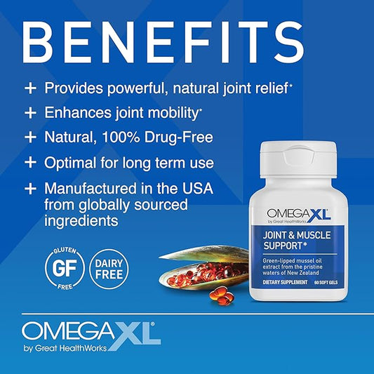 OmegaXL Joint Support Supplement, for Relief - Natural Muscle Support, Green Lipped Mussel Oil, Soft Gel Pills, Drug-Free, 60 Count