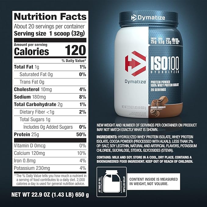 Dymatize ISO100 Hydrolyzed Protein Powder, 100% Whey Isolate Protein, 25g of Protein, 5.5g BCAAs, Gluten Free, Fast Absorbing, Easy Digesting, Gourmet Chocolate, 3 Pound (42 Servings)