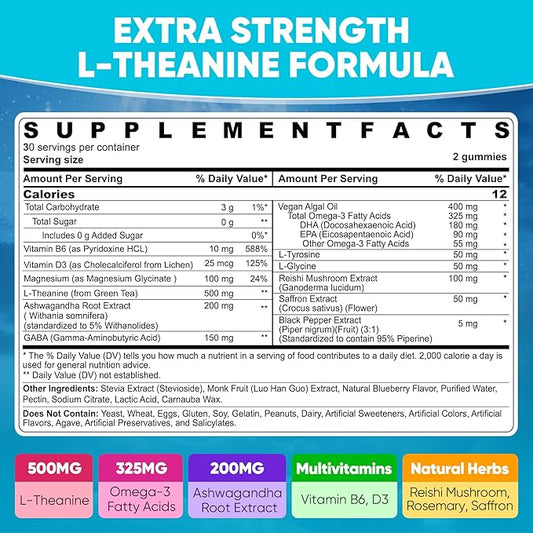 Liposomal L-Theanine Gummies 500mg, Melatonin-Free Calm & Relaxation Gummies with Magnesium Glycinate, 5-HTP, Mushroom, Vitamins D3, B12, Ashwagandha, for Brain Calm, Relax, Mood, Zzz, Vegan 60 Cts