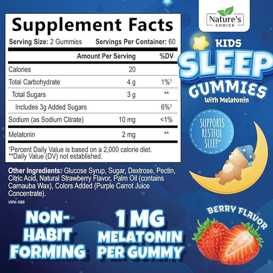 Nature's Choice Kids Sleep Gummies - 2mg Melatonin Per Serving - Children's Sleep Gummy, Non-Habit Forming, Works with Natural Sleep Cycle, Calm & Drug-Free, Tasty Natural Berry Flavor, 120 Gummies