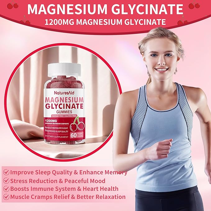 Natures Aid Magnesium Glycinate Gummies 1000mg - Sugar Free Magnesium Potassium Supplement with Vitamin D, B6, CoQ10 for Calm Mood & Sleep Support - 120 Cherry Gummies -2 Pack