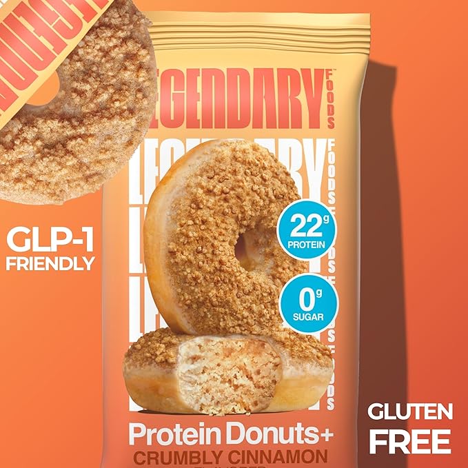 Legendary Foods Protein Donuts - 22g Protein, Crumbly Cinnamon, Zero Sugar Snack, Gluten Conscious, Low Carb, Keto Suitable, Diabetic and GLP-1 Diets - 8 Pack with Two Donuts per pack