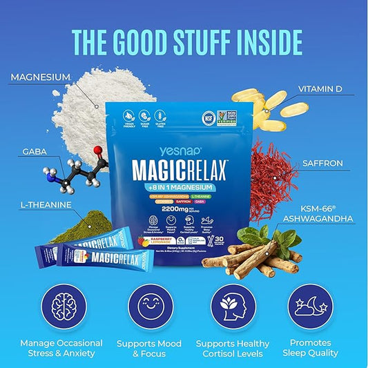 MAGICRELAX Supercalm 8-in-1 Chelated Magnesium Powder Drink Mix,KSM-66 Ashwagandha, Saffron, GABA, L-Theanine, Vitamin D3,Supports Stress Healthy Cortisol, Mood & Sleep, Zero Sugar Raspberry Lemonade