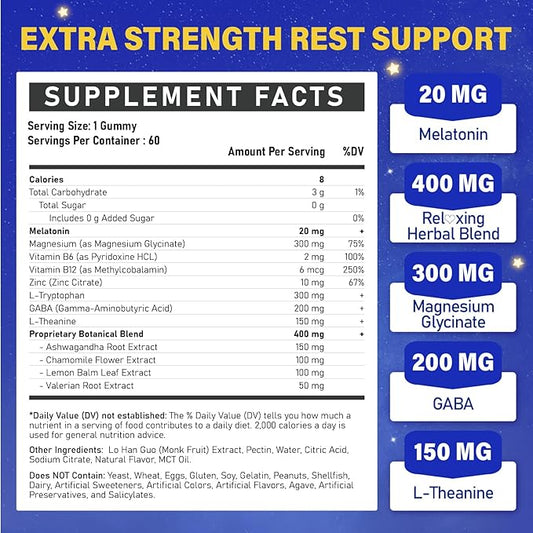 Melatonin 20mg Gummies for Adults - Max Strength Melatonin Gummy Supplement with Magnesium Glycinate, B6, B12, L-Theanine, GABA, & Herbs - Non-Habit Forming, Vegan, Natural Mixed Berry Flavor