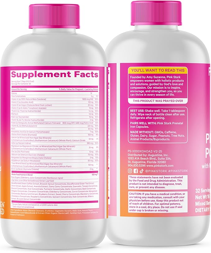 Pink Stork Liquid Prenatal Vitamins for Women - Berry Flavor Organic Food Blend - Fertility, Pregnancy, Postpartum Essentials - Morning Sickness Support - Breastfeeding & Lactation - 32 Servings