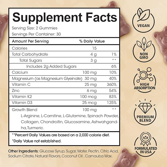 Height Growth Increase Vitamin Gummies, Calcium 100mg, Magnesium Glycinate 30mg, Zinc, Ashwagandha, Vitamin K2 D3 25mg Grow Tall Maximizer Supplement, Multivitamin for Kids, Teens Boy & Girl, Adults
