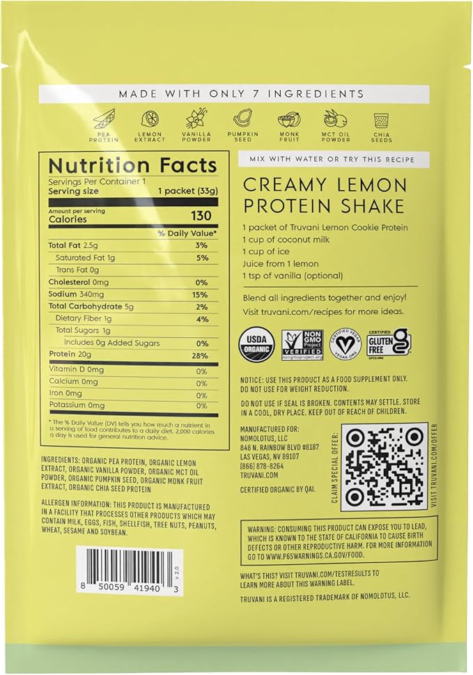 Truvani Vegan Pea Protein Powder | Lemon Cookie | 20g Organic Plant Based Protein | 1 Serving | Keto | Gluten & Dairy Free | Low Carb | No Added Sugar