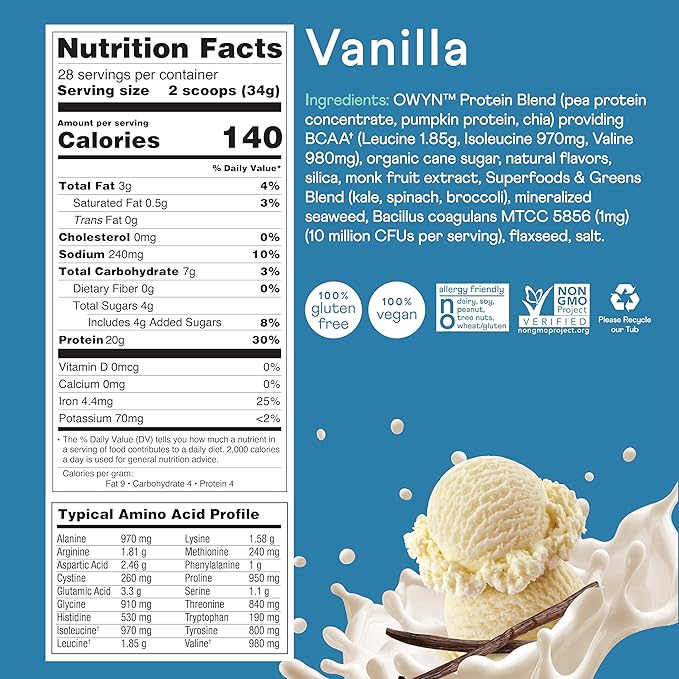 OWYN Only What You Need Dairy Free Protein Powder with 20g Protein, Probiotics, Superfoods Greens, Pea, Chia and Pumpkin Seed Blend (Smooth Vanilla, 2.1 Pound - Pack of 1)