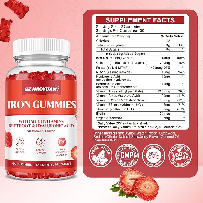 Iron Gummies for Women & Kids - Iron Supplement Gummies with Multivitamin for Blood Builder, Energy, Iron Deficiency & Anemia - Sugar Free Vegan Strawberry 60 ct