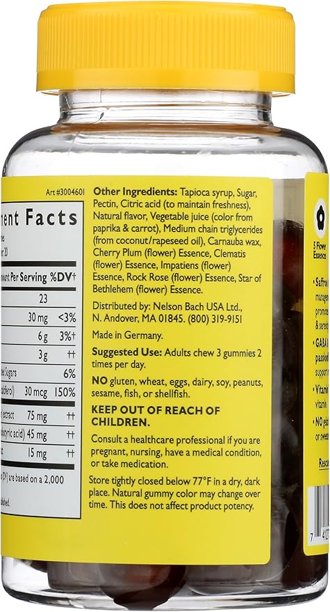 Bach Rescue Plus Mood & Stress Support Gummies, Daytime Dietary Supplement with Passionflower, GABA, Saffron & Vitamin D, Natural Orange Flavor, Vegan & Gluten-Free, 60 Count