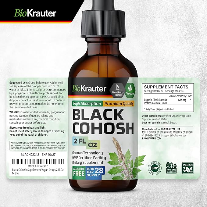 BIO KRAUTER® Perimenopause & Menopause Supplements for Women* - Pure Vegan Black Cohosh for Mood Support & Women's Wellness - Black Cohosh Supplements 2 Fl.Oz 28-Day Supply, Alcohol & Sugar Free