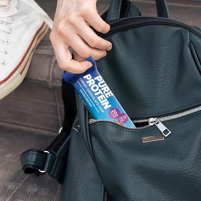 Pure Protein Chewy Chocolate Chip Protein Bars – 20g Protein, 3g Sugar, 190 Calories (12 count) Low Sugar* High Protein Snack - Gluten Free - Perfect for a Healthy Snack