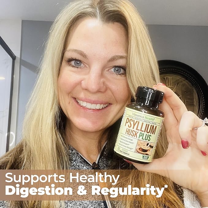 Fiber Supplement with 1080mg Psyllium Husk Powder, Slippery Elm for Women & Men, Ginger Root – High Fiber Pills for Regularity, Digestive & Gut Health – Gentle on Stomach 60 Psyllium Husk Capsules